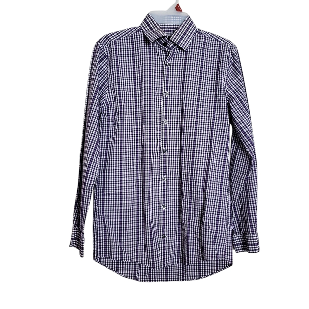 J Ferrar Stretch‎ Mens Small 14-14.5 Purple Plaid Cotton Long Sleeve Barrel Cuff